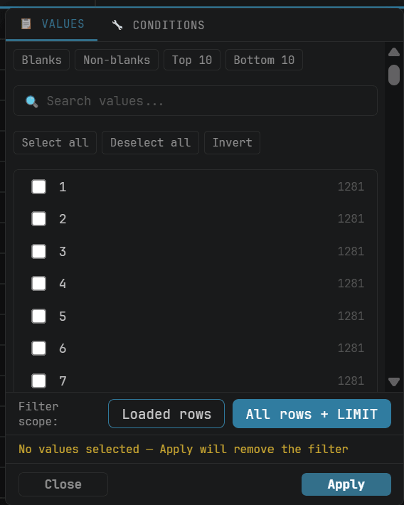 All rows + LIMIT filter mode in the result panel