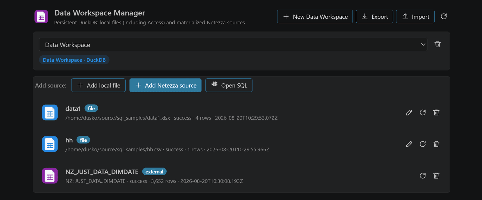 Data Workspace Manager with local file sources and a materialized table