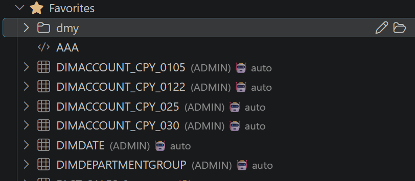 Favorites tree with folders, SQL snippets, and notes in JustyBase