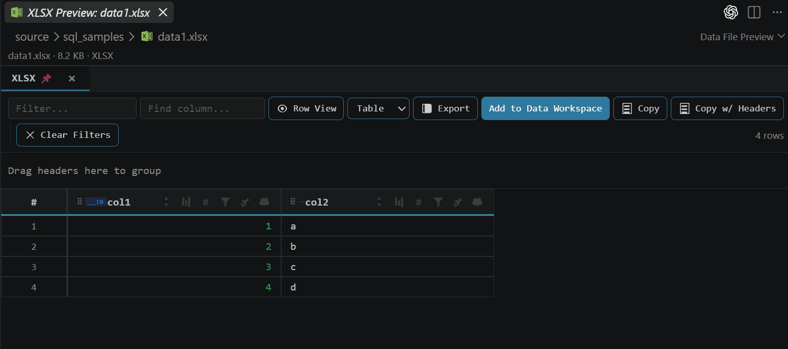File preview with Add to Data Workspace action in JustyBase