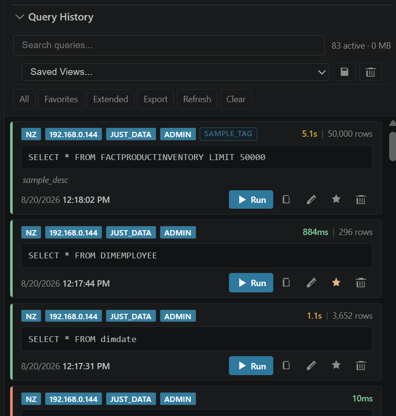 Query History with executed SQL entries and filters