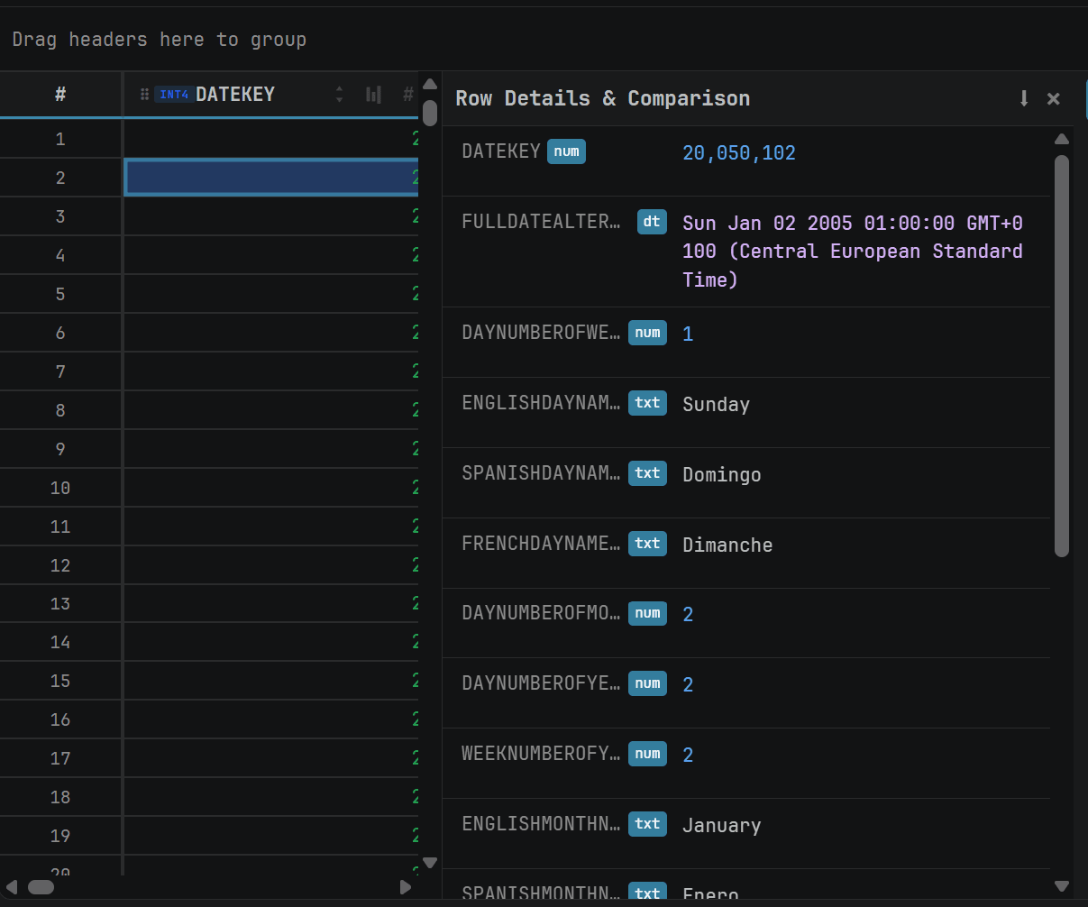 Row View showing a result row side by side with values