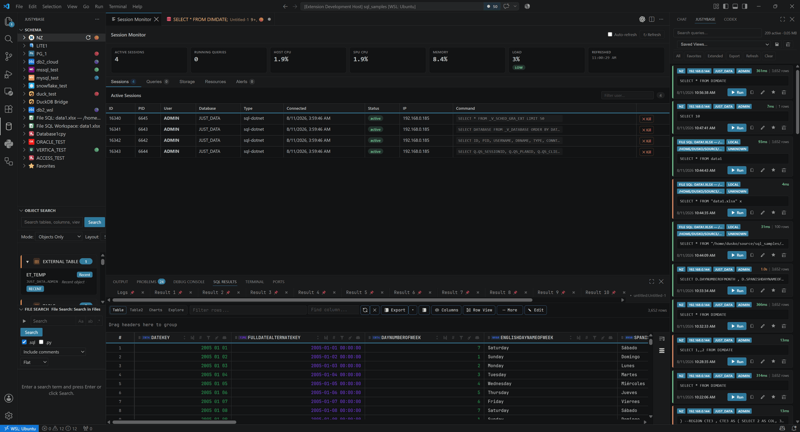 Session Monitor dashboard with active sessions and resource usage